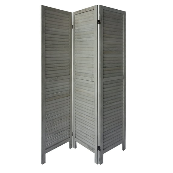 The Urban Port 67 Inch Paulownia Wood Panel Divider Screen, Shutter Design, 3 Panels, Distressed Gray
