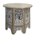 thumbnail image 1 of Accent Side Table- 24 Inch Round Top- Mango Wood Floral Cut Out Carved Motifs, 1 of 7