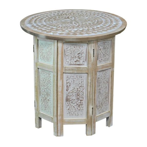Accent Side Table- Mango Wood 18 Inch Round Top- Hand Carved Mandala Design