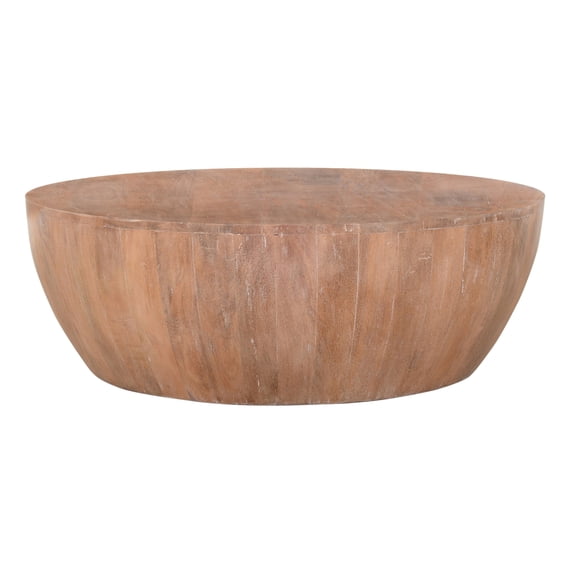 Drum Shape Wooden Coffee Table with Plank Design Base, Distressed Brown
