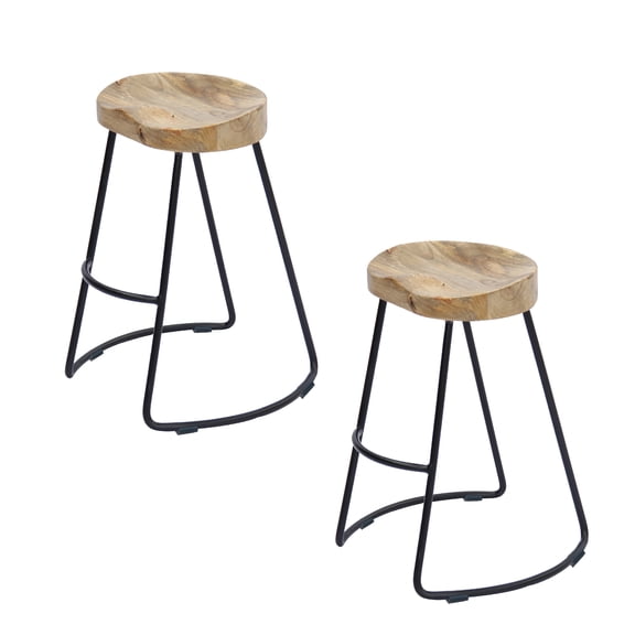 The Urban Port Ela 30 Inch Mango Wood Industrial Barstool, Saddle Seat, Iron Frame, Set of 2, Brown, Black-No of Pieces:2 Piece,Size:24 inch