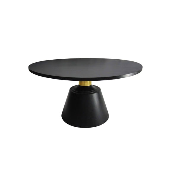The Urban Port Fawn 32 Inch Coffee Table, Black Mango Wood Round Top, Modern Tapered Pedestal Base, Shiny Brass Support