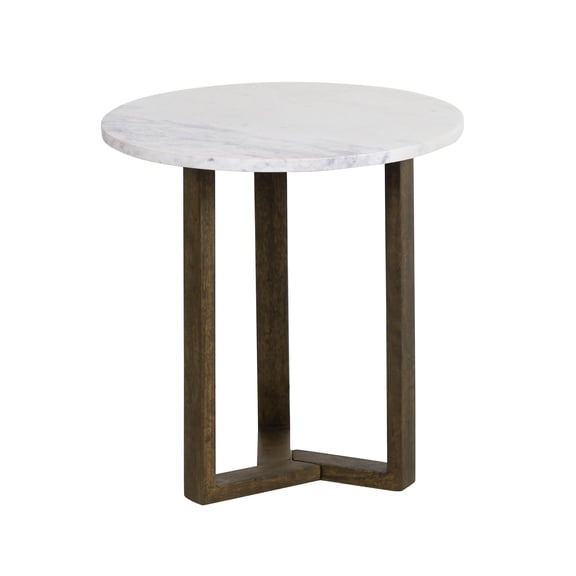 Fina Side End Table- 20 Inch Round Genuine Marble Top- Mango Wood 3 Sled Base
