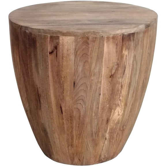 The Urban Port Handcarved Cylindrical Shape Round Mango Wood Distressed Wooden Side End Table, Brown