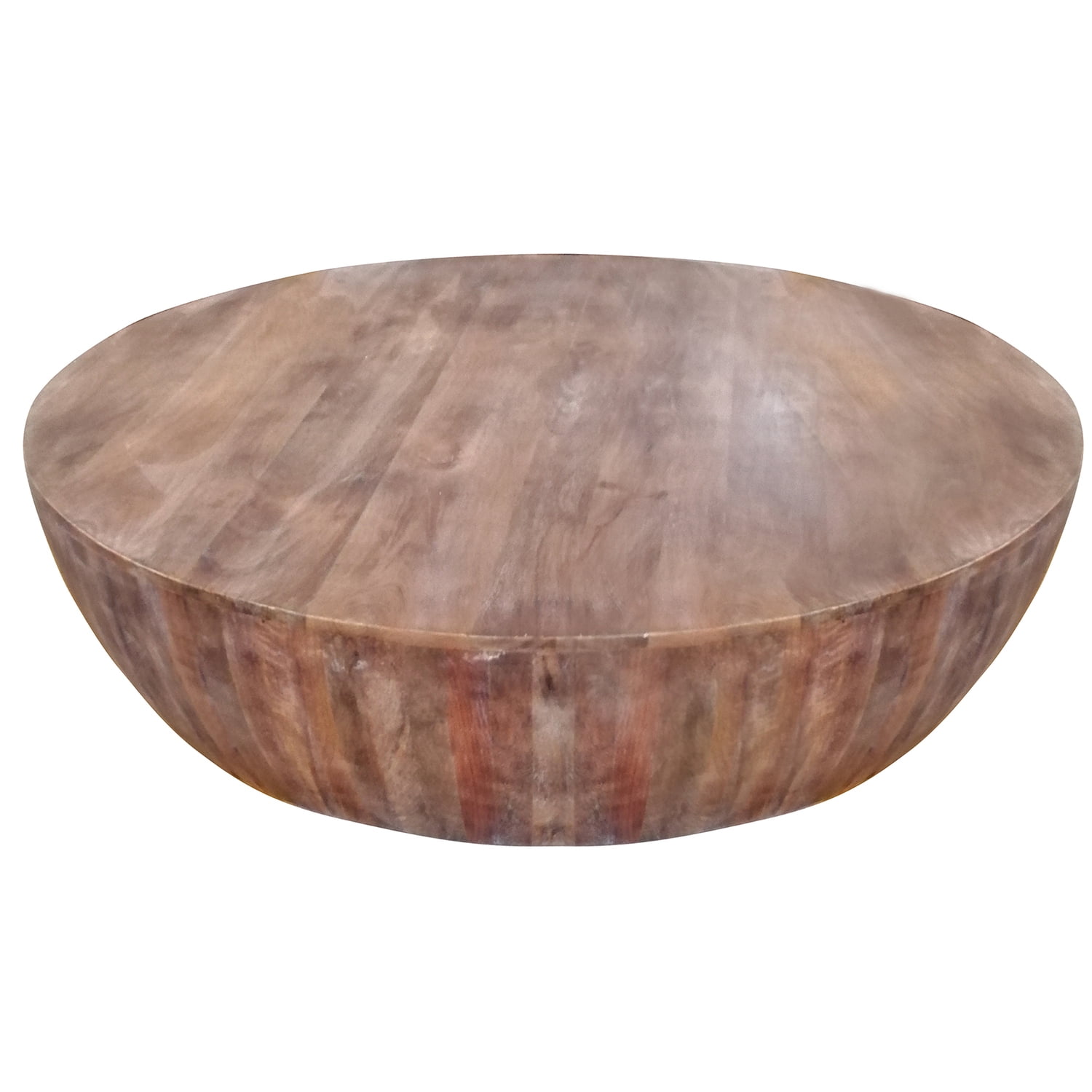 Rustic Drum-Shape Handcarved Mango Wood Coffee Table, Raw Brown