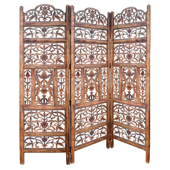 The Urban Port Handcrafted 3 Panel Mango Wood Screen Room Divider with Cutout Filigree Carvings; Brown