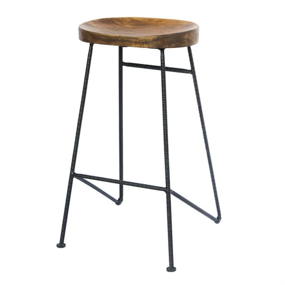 The Urban Port 28" Wood Saddle Seat Barstool with Iron Rod Legs in Brown