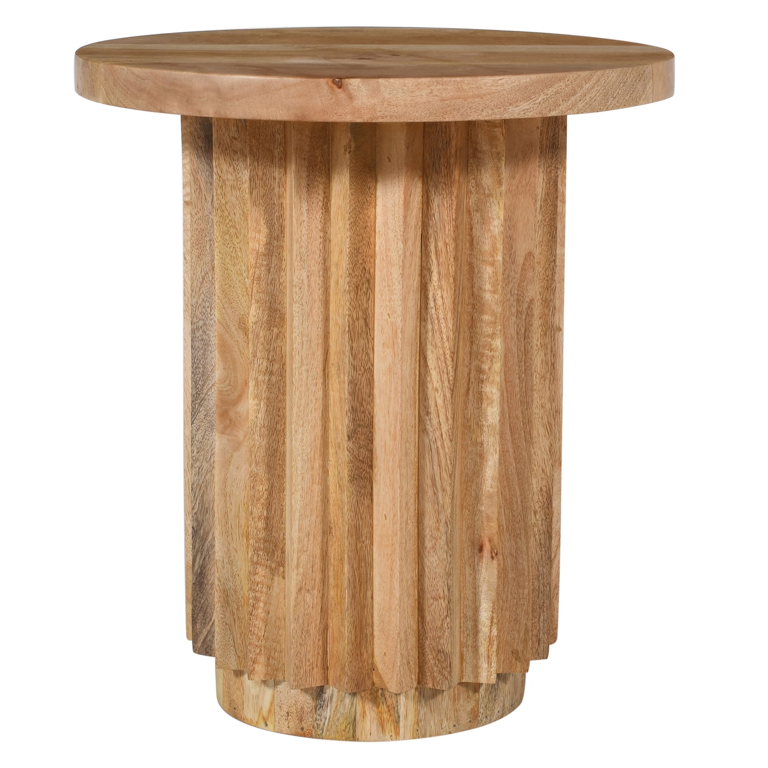 Natural Brown Mango Wood Round End Table with Reeded Base