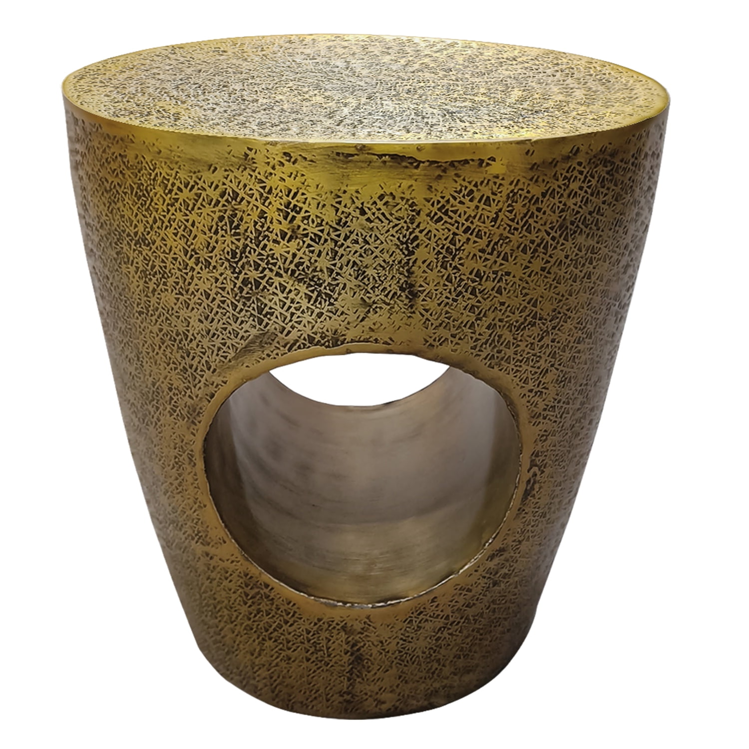 Antique Brass Round Metal Drum Side Table with Hollow Center