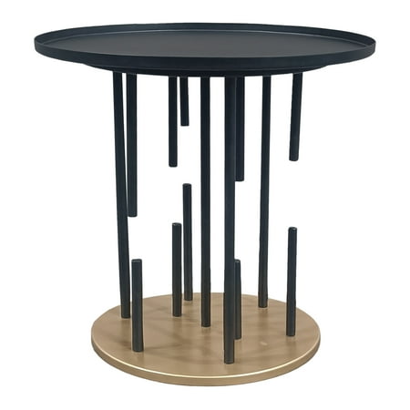 The Urban Port Neci 20 Inch Side End Table, Round Matte Black Tray Top, Modern Rod Supports with Brass Base
