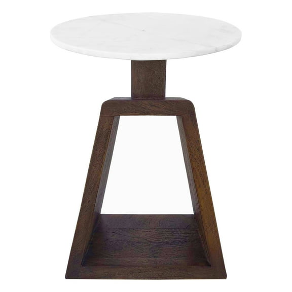 Port Blair Side End Table- Round Genuine Marble Top- Mango Wood 16.5 Inch
