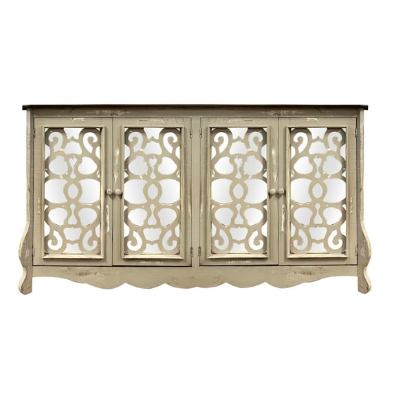 The Urban Port Storage Console with 4 Doors and Scrolled Mirror Trim, Antique White and Silver