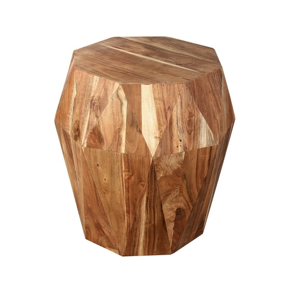 Artisanal End Side Table-Multifaceted Solid Acacia Wood-Octagon-Natural Brown