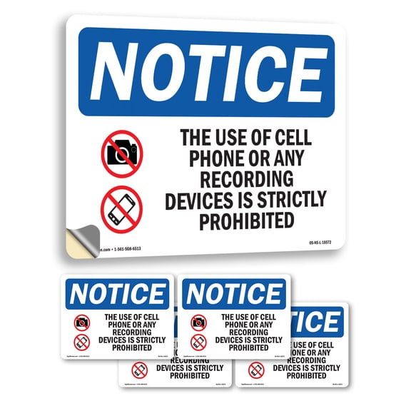 The Use Of Cell Phones Or Any With Symbol OSHA Notice Vinyl Decal Label 7 Inch x 5 Inch - 5 Pack