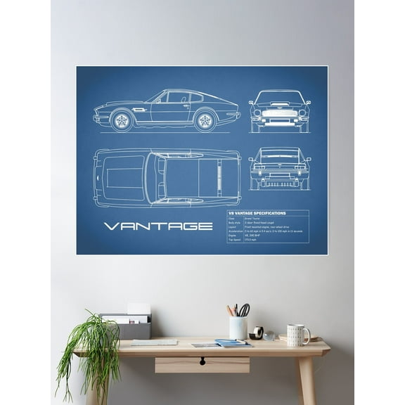 The V8 Vantage Blueprint Poster Wall Art, Modern Wall Decor For Living Room Bedroom, 8x12 UNFRAMED