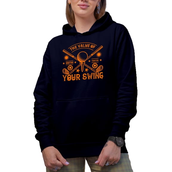 The Value of Routine Trusting Your Swing with Ball & Clubs, Golf Player, Golfing or Golfer Themed Merch Gift, Navy Blue Hooded Sweatshirt or Hoodie, Large