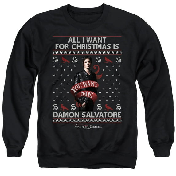 The Vampire Diaries All I Want for Christmas is Damon Salvatore Unisex Adult Crewneck Sweatshirt, Black, 4X-Large