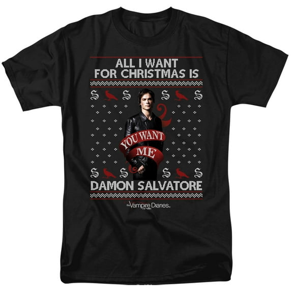 The Vampire Diaries All I Want for Christmas is Damon Salvatore Unisex Adult T Shirt, Black, Small