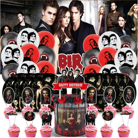 The Vampire Diaries Party Decorations Paper Plates Tableware Banner Backdrop Balloons Birthday Decor Cake Topper Fans