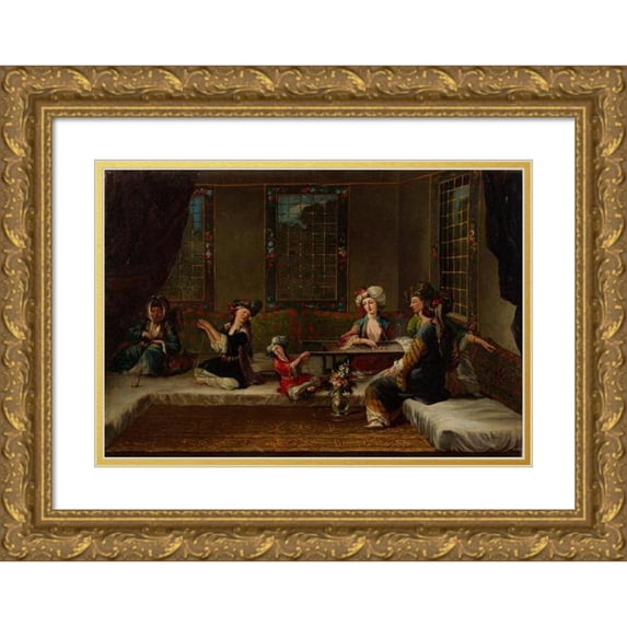 The Vanmour School 14x11 Gold Ornate Wood Frame and Double Matted Museum Art Print Titled - Women Embroidering