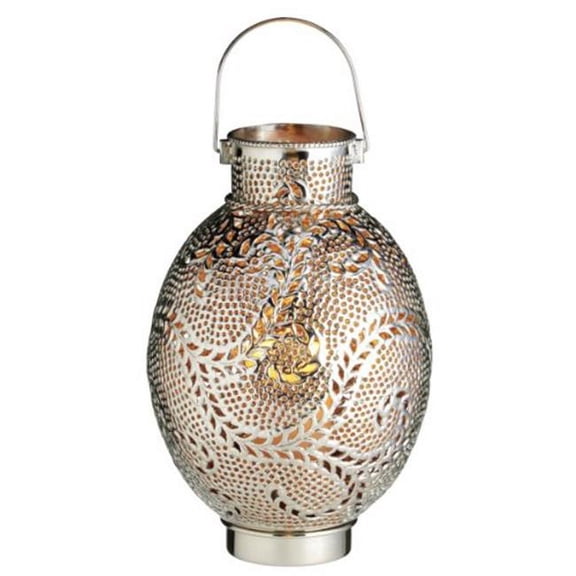 The Veda Company 4023 Silver Candle Drum Lantern - Embedded With Amber Glass Beads