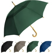 The Vented Urban Brolly 48" Arc Automatic Open Large Wind Resistant Classic Umbrella with Wooden J Handle, Vintage Style Lightweight Long Curved Handle Umbrella for Rain - Hunter Green