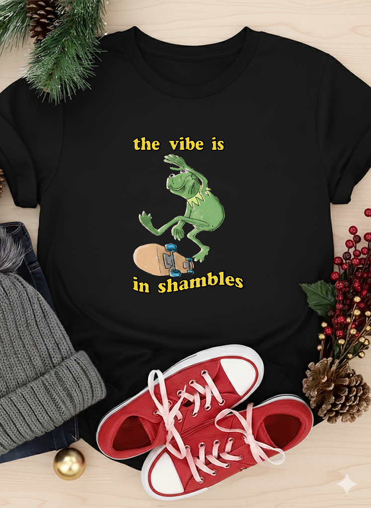 T-shirt Vintage Uomo/donna 'The Vibe Is In Shambles', 100% Cotone, Regolar Fit, Nera
