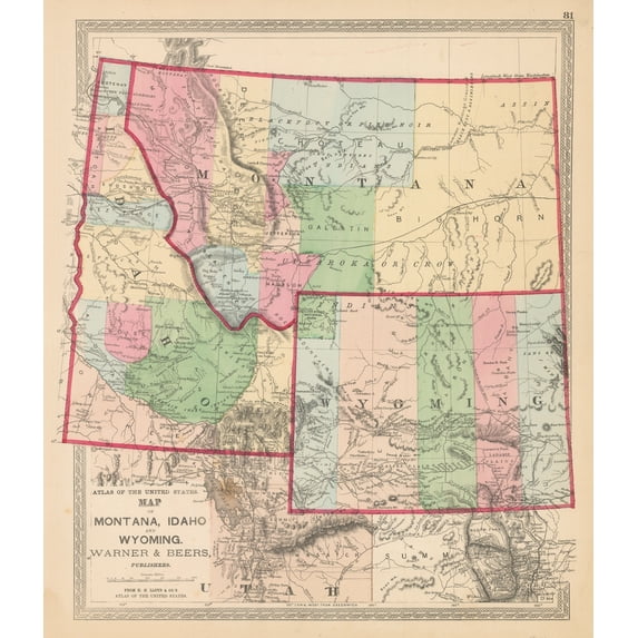 The Vintage Map Shop Warner & Beers 1872 Map of Montana 17.5" x 15" Art Print