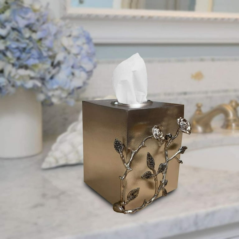 The Vintage Rose Collection Tissue Box Cover in Gold and Antique Gold Aluminum and Brass Tissue Box Holder for Bathroom