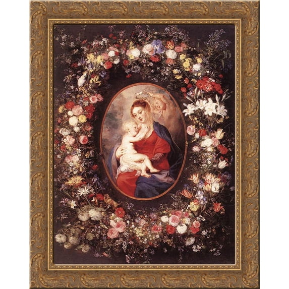 The Virgin and Child in a Garland of Flower 24x20 Gold Ornate Wood Framed Canvas Art by Peter Paul Rubens