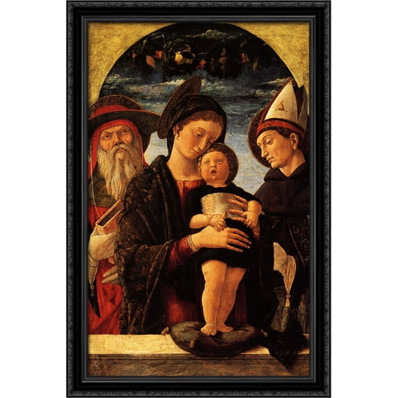 The Virgin and Child with Saint Jerome and Louis of Toulouse 26x40 Large Black Ornate Wood Framed Canvas Art by Andrea Mantegna