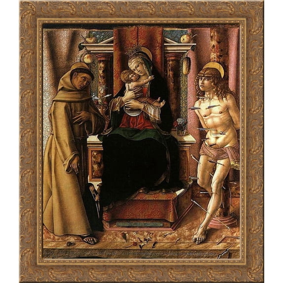The Virgin and Child with Saints Francis and Sebastian 24x20 Gold Ornate Wood Framed Canvas Art by Carlo Crivelli