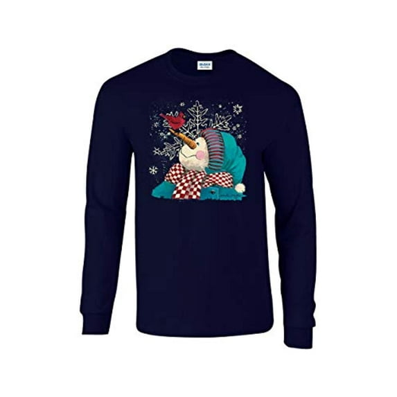 The Visitor: Cardinal & Snowman Adult Unisex Long Sleeve Shirt-Navy-XL