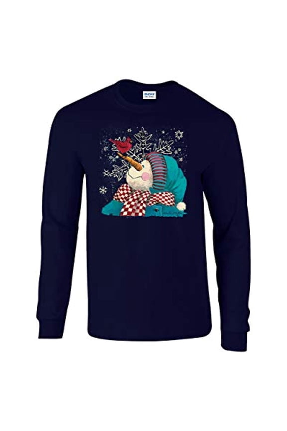 The Visitor: Cardinal & Snowman Adult Unisex Long Sleeve Shirt-Navy-XXL