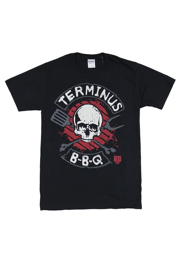 The Walking Dead Mens T-Shirt - Terminus BBQ Skull Image (Small, Black)