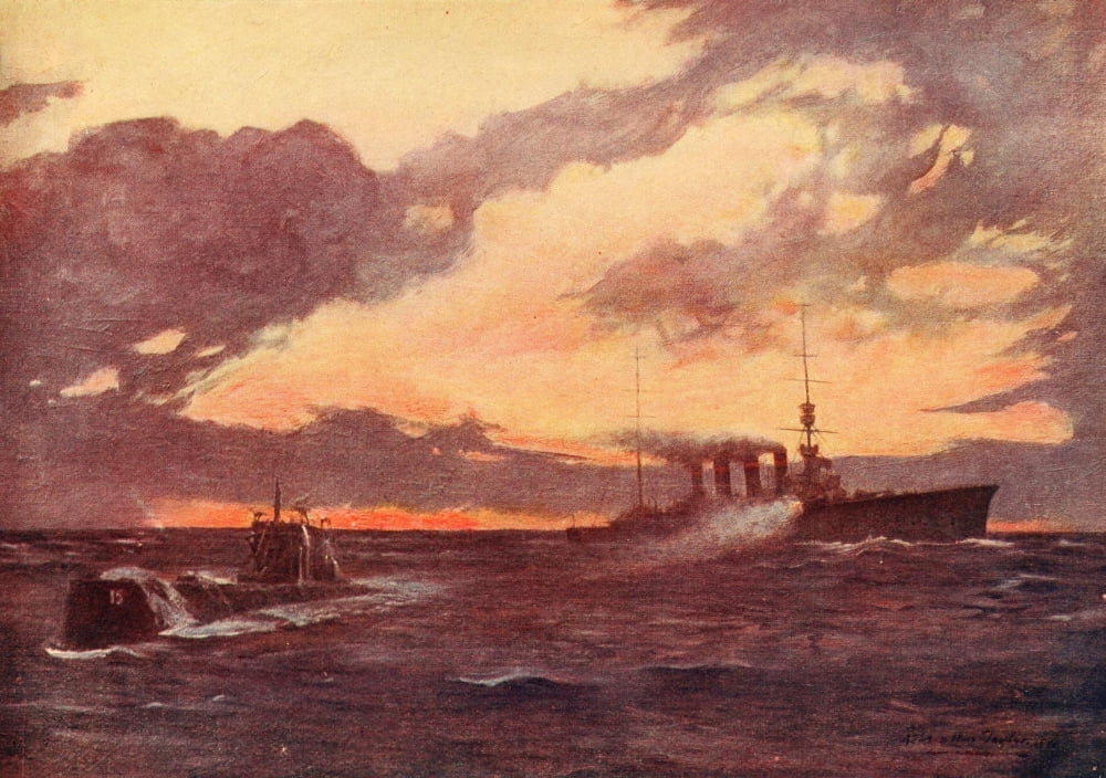 The War 1915 British Cruiser & German submarine Canvas Art - Albert Chevallier Tayler (24 x 36)