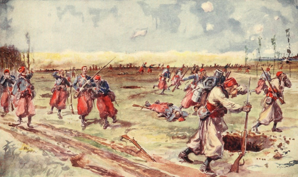 The War 1915 French Troops driven back by poison gas Canvas Art - John de G OBryan (18 x 24)