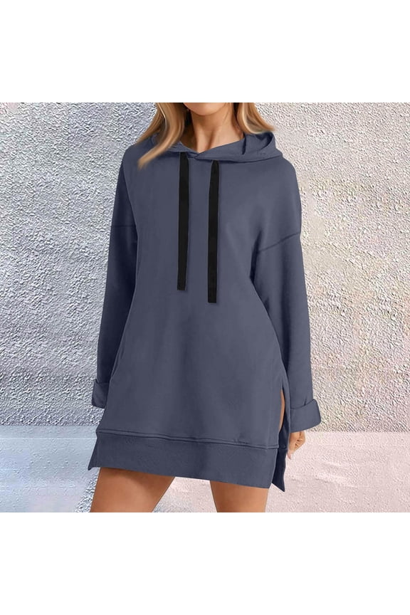 The Warmy Oversized Hoodie Dress, Warmy Hoodie Women's Casual Pullover Split Hem Drawstring Long Sweatshirt Gray L