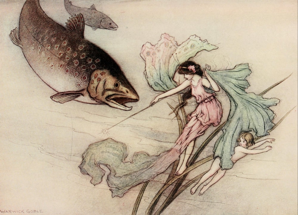 The Water-Babies 1909 A great trout rushed out on Tom Canvas Art - Warwick Goble (18 x 24)