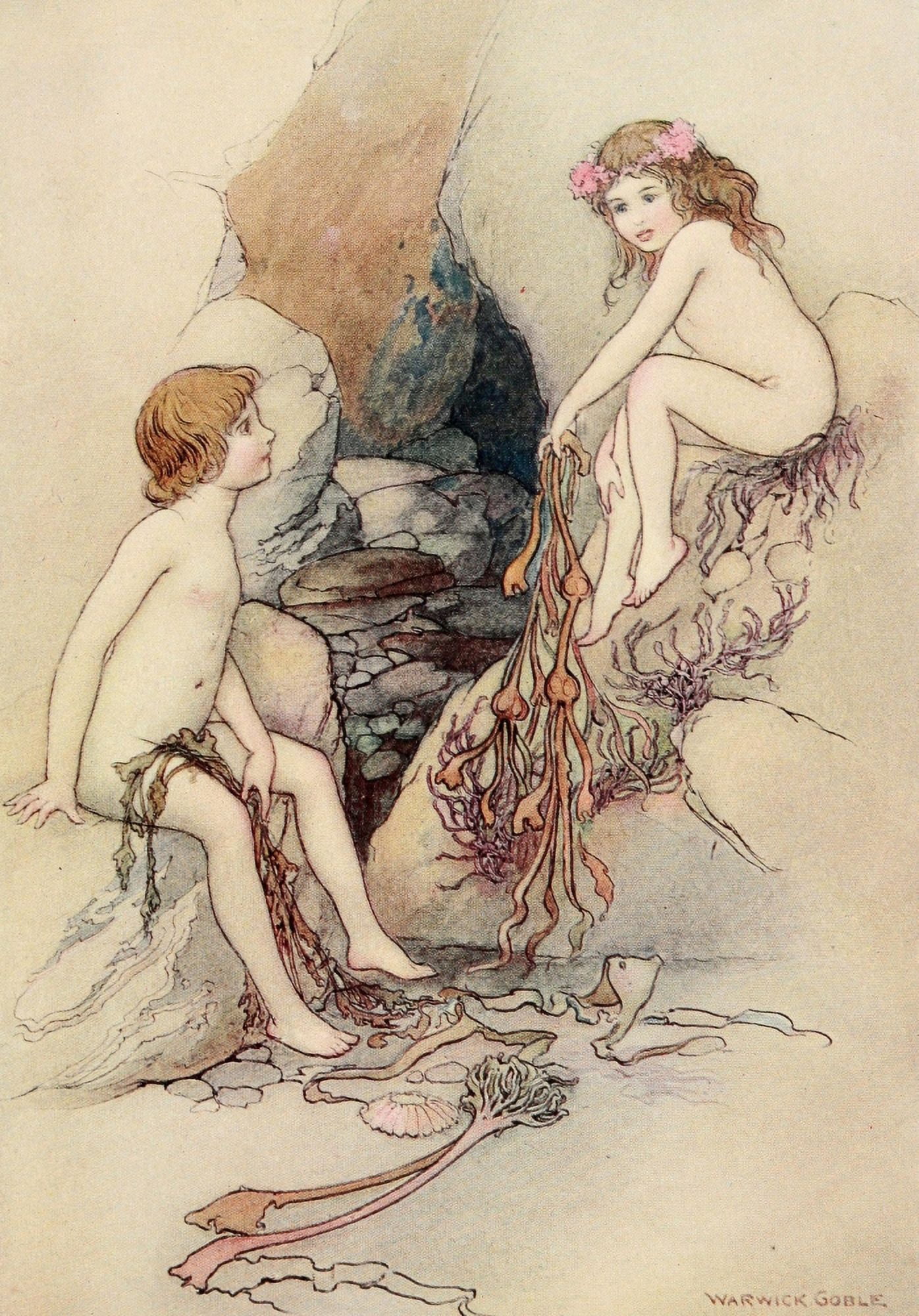 The Water-Babies 1909 A water-baby sitting on the white sand Canvas Art - Warwick Goble (18 x 24)