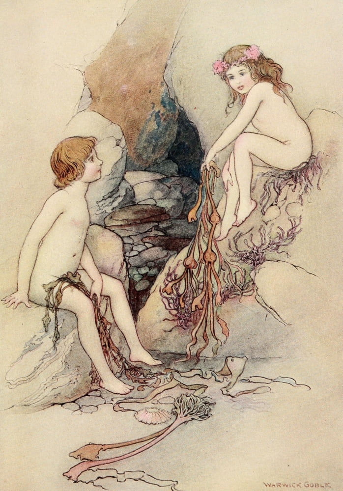 The Water-Babies 1909 A water-baby sitting on the white sand Canvas Art - Warwick Goble (24 x 36)