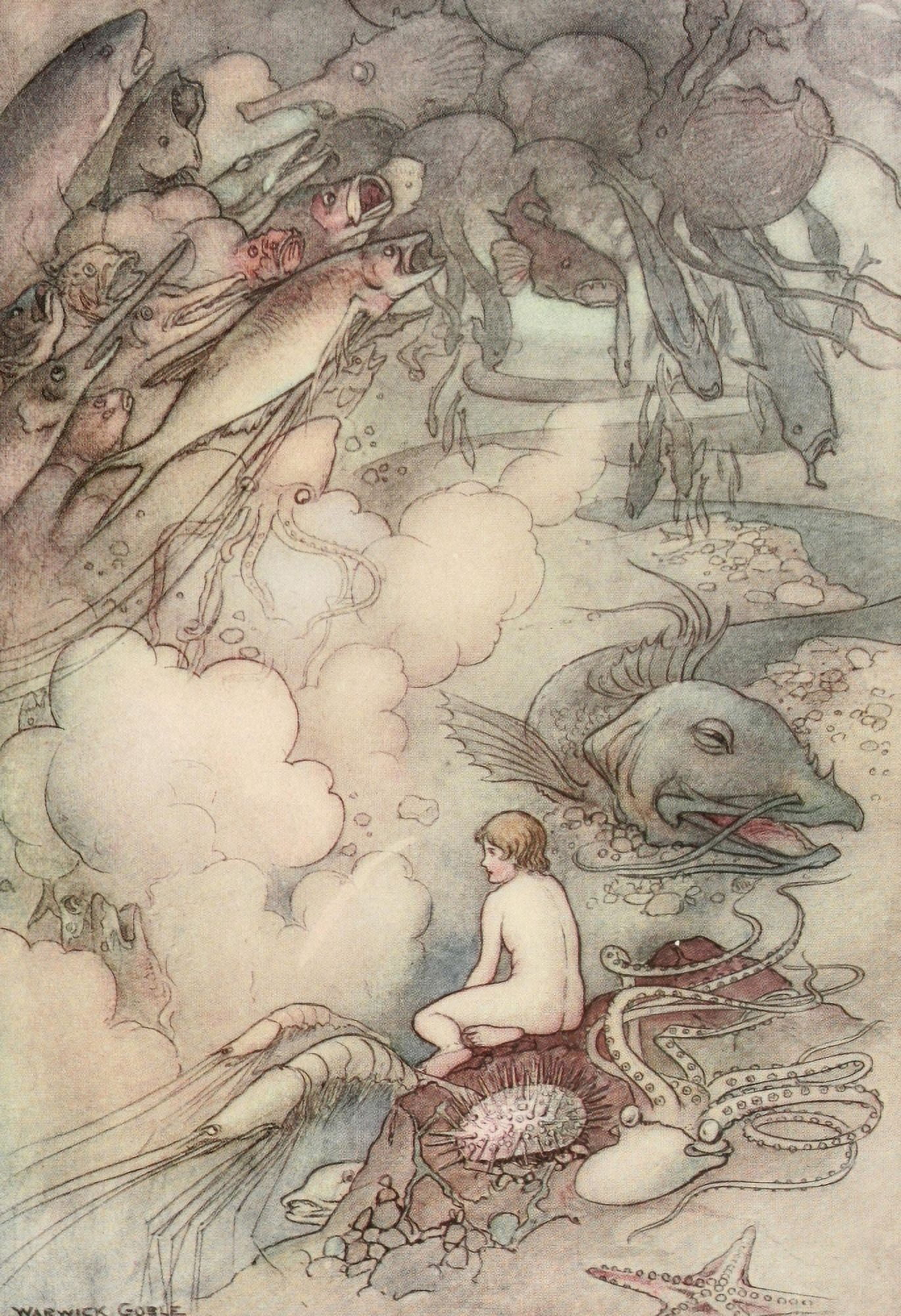 The Water-Babies 1909 He came to the great sea-serpent Canvas Art - Warwick Goble (18 x 24)