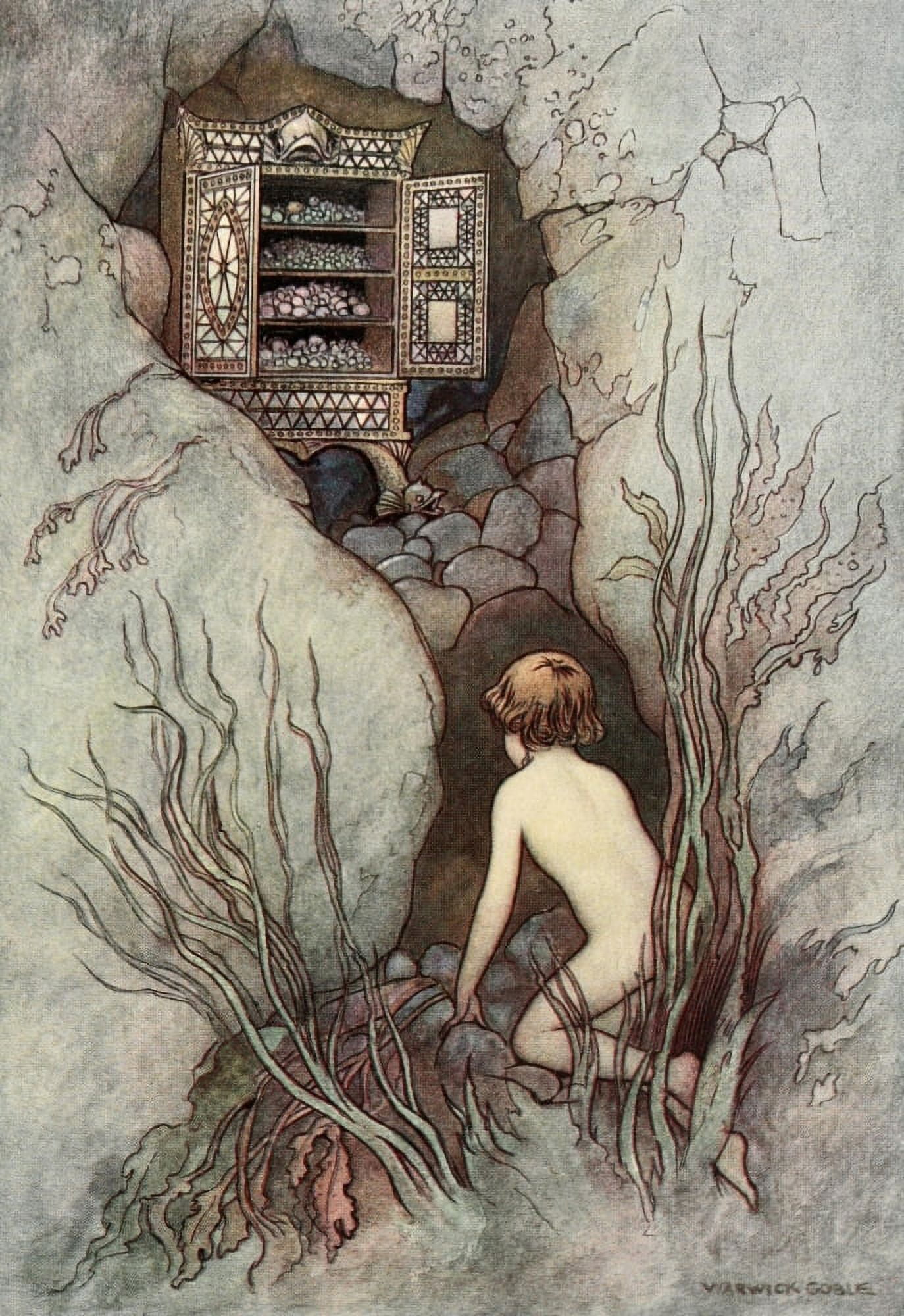 The Water-Babies 1909 He crept away among the rocks Canvas Art - Warwick Goble (18 x 24)