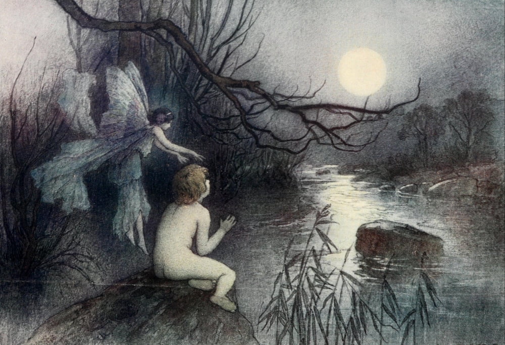 The Water-Babies 1909 He watched the moonlight on the rippling river Canvas Art - Warwick Goble (18 x 24)