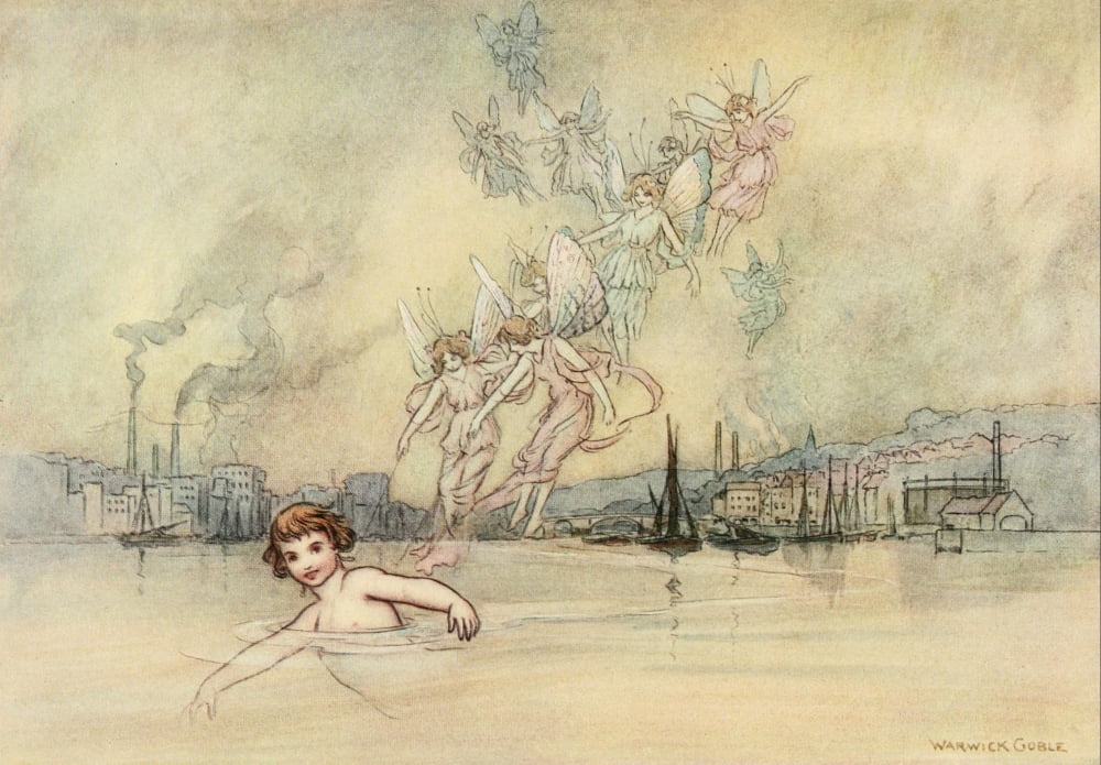 The Water-Babies 1909 Past the town with its wharfs & mills Canvas Art - Warwick Goble (18 x 24)