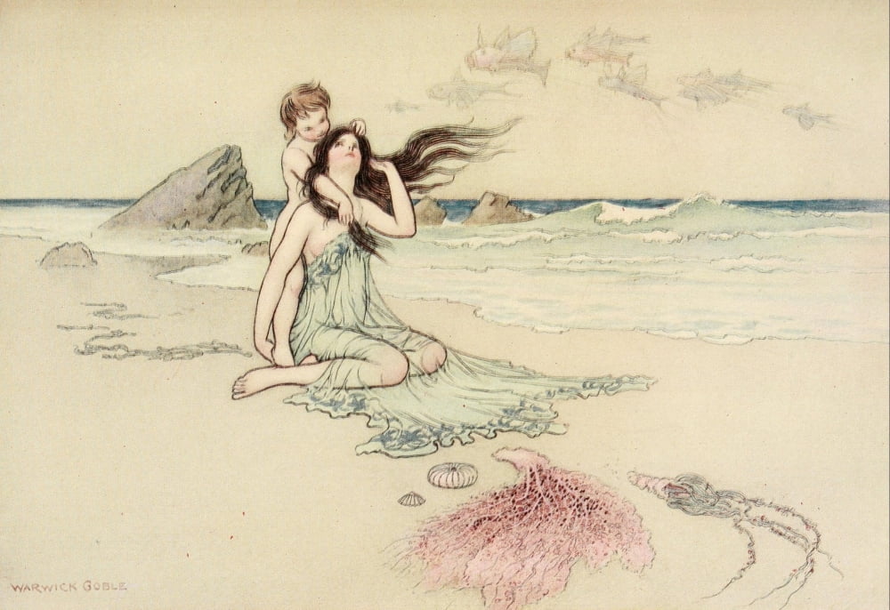 The Water-Babies 1909 Play by me bathe in me mother & child Canvas Art - Warwick Goble (18 x 24)