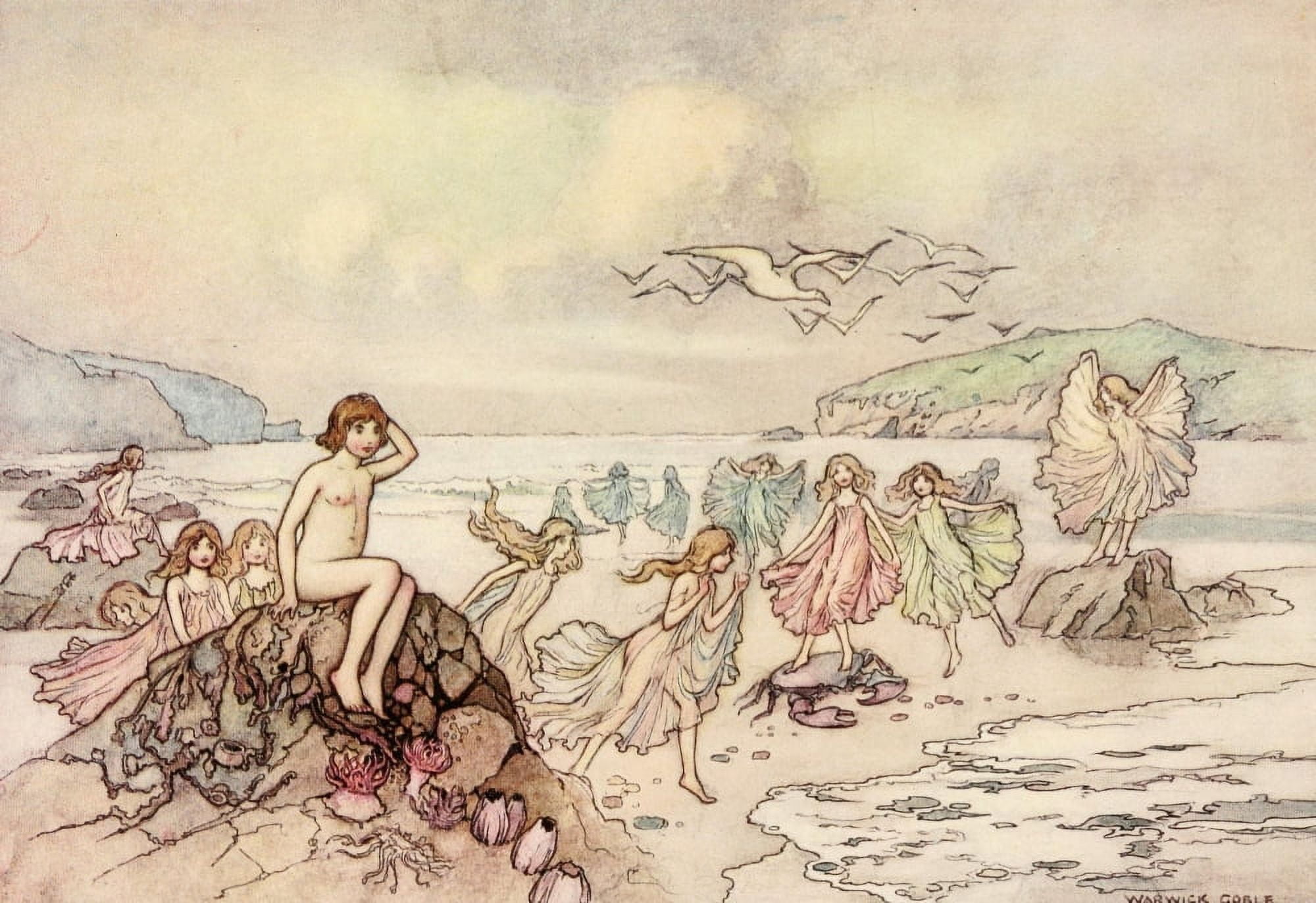 The Water-Babies 1909 Sitting on the point of a rock Canvas Art - Warwick Goble (24 x 36)