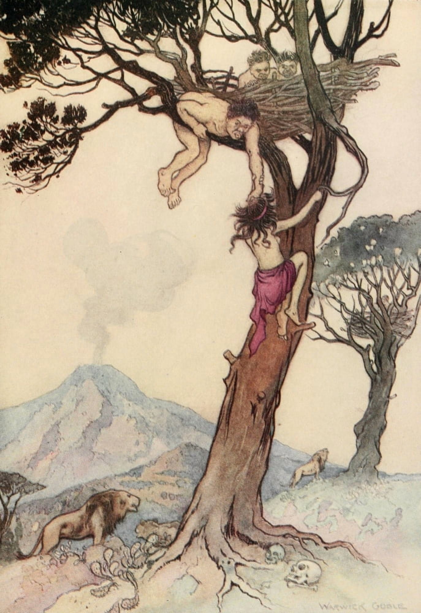 The Water-Babies 1909 Underneath the trees lions were prowling Canvas Art - Warwick Goble (24 x 36)