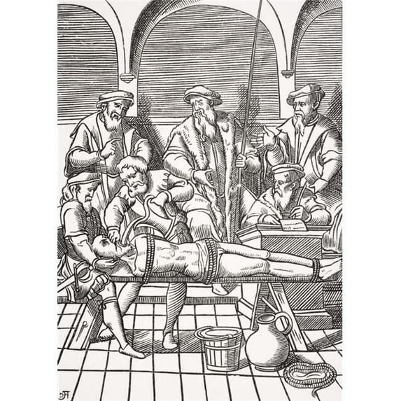 The Water Torture. Copy of Woodcut In J. Damhoudere-S Praxis Rerum Criminalium Published Antwerp 1556 Print, Large - 24 x 34