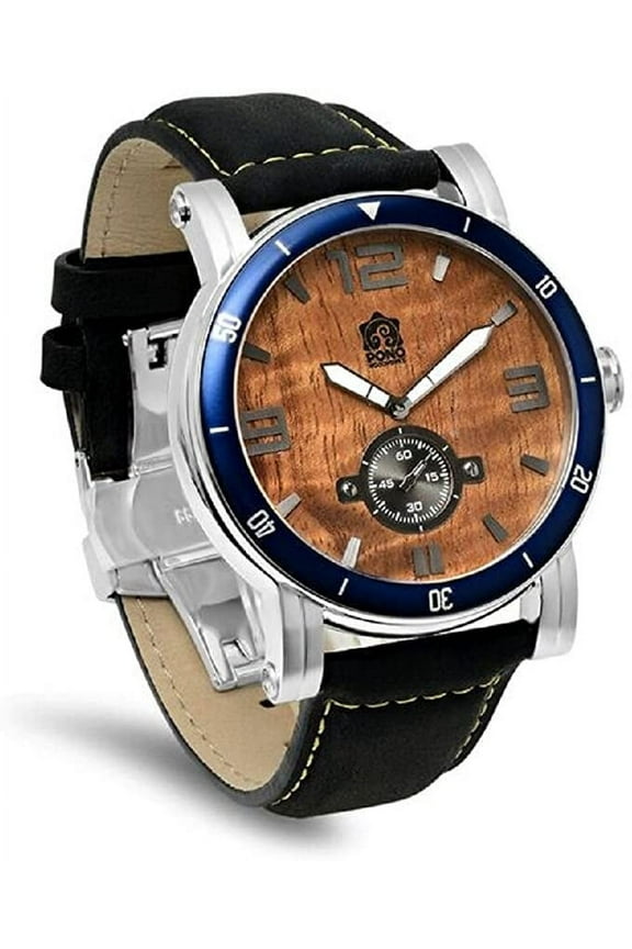 "The Waterman" Hawaiian Koa Wood Watch (47mm, Chrome, Black Leather Band)